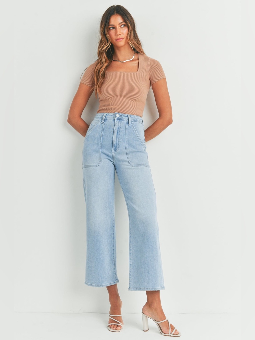 Just Black Denim High Rise Light Wash Patch Pocket Wide Leg Jeans Sz 27